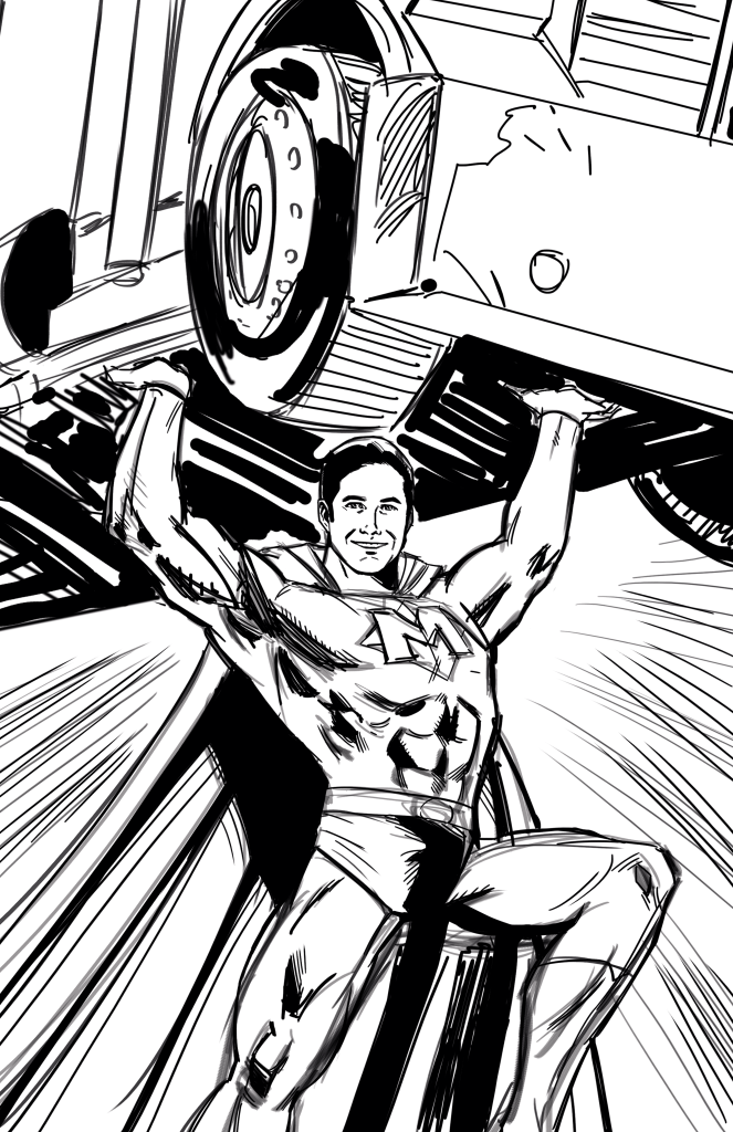 A rough sketch of Bionicman easily lifting a large vehicle.